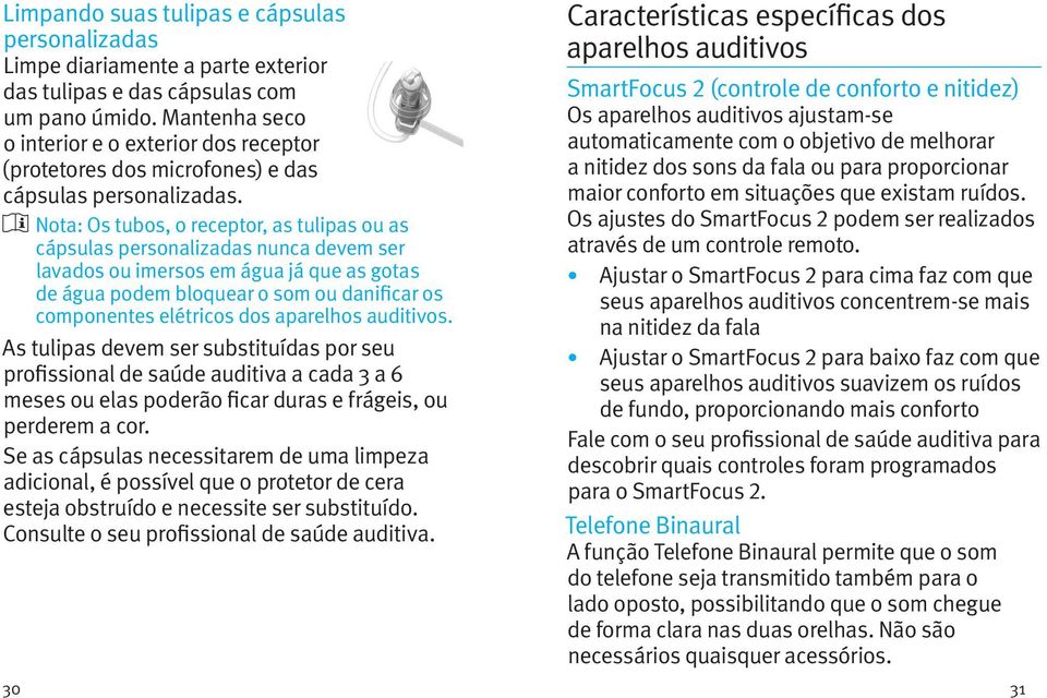 Nota: Os tubos, o receptor, as tulipas ou as cápsulas personalizadas nunca devem ser lavados ou imersos em água já que as gotas de água podem bloquear o som ou danificar os componentes elétricos dos