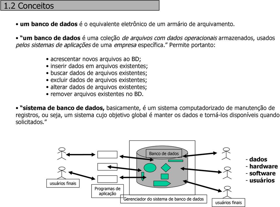 Permite portanto: acrescentar novos arquivos ao BD; inserir dados em arquivos existentes; buscar dados de arquivos existentes; excluir dados de arquivos existentes; alterar dados de arquivos