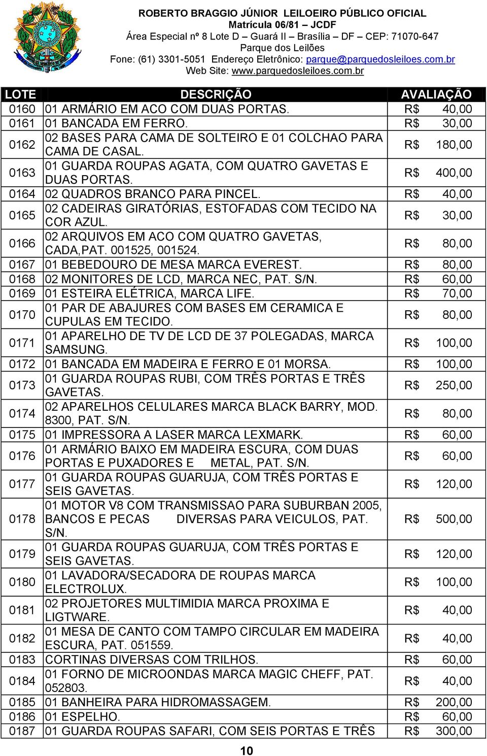 R$ 70,00 01 PAR DE ABAJURES COM BASES EM CERAMICA E 0170 CUPULAS EM TECIDO. 01 APARELHO DE TV DE LCD DE 37 POLEGADAS, MARCA 0171 SAMSUNG. R$ 100,00 0172 01 BANCADA EM MADEIRA E FERRO E 01 MORSA.