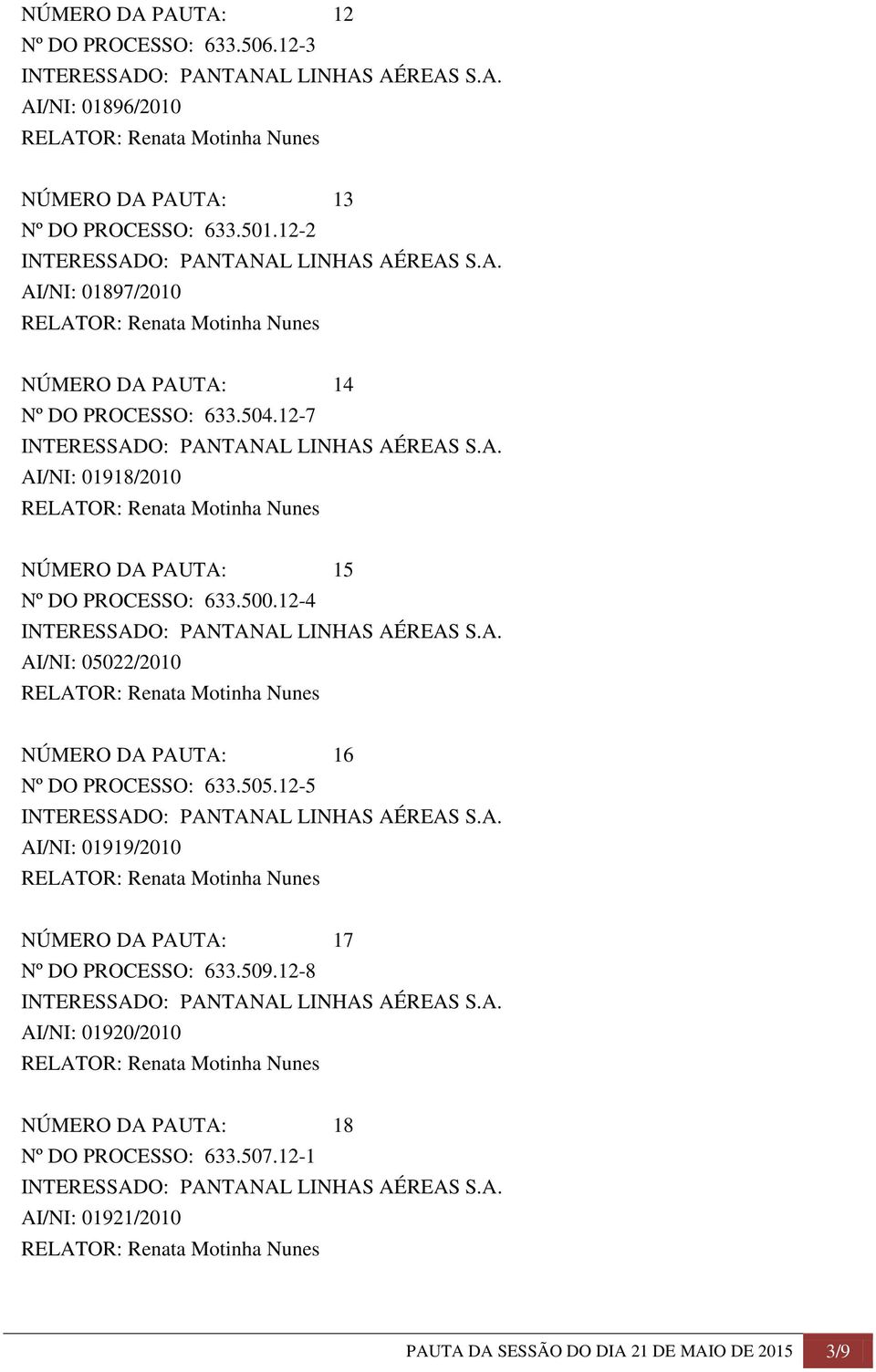 12-7 AI/NI: 01918/2010 NÚMERO DA PAUTA: 15 Nº DO PROCESSO: 633.500.