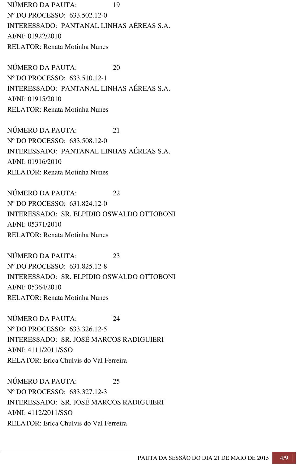 12-0 INTERESSADO: SR. ELPIDIO OSWALDO OTTOBONI AI/NI: 05371/2010 NÚMERO DA PAUTA: 23 Nº DO PROCESSO: 631.825.12-8 INTERESSADO: SR.