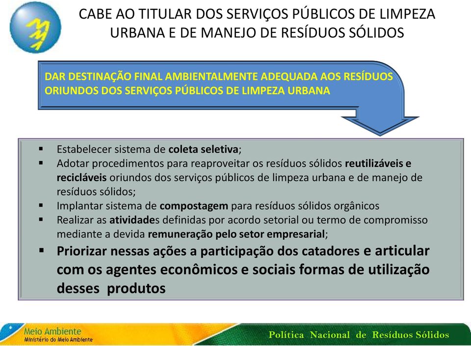 urbana e de manejo de resíduos sólidos; Implantar sistema de compostagem para resíduos sólidos orgânicos Realizar as atividades definidas por acordo setorial ou termo de compromisso