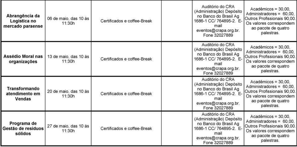 Assédio Moral nas organizações 13 de maio, das 10 às 11:30h Certificados e coffee-break Auditório do CRA (Administração) Depósito no Banco do Brasil Ag 1686-1 CC/ 764895-2.