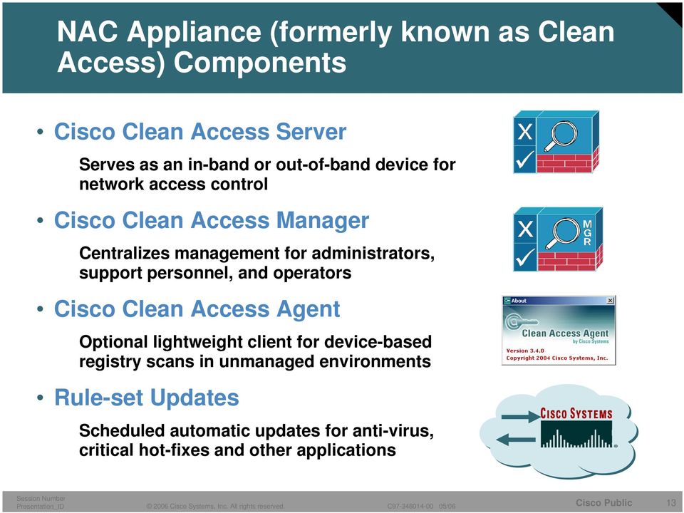 support personnel, and operators Cisco Clean Access Agent Optional lightweight client for device-based registry scans