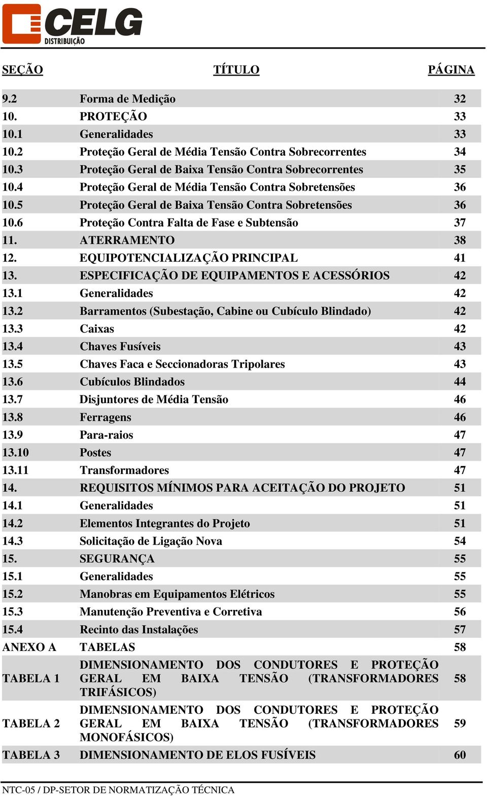 6 Proteção Contra Falta de Fase e Subtensão 37 11. ATERRAMENTO 38 12. EQUIPOTENCIALIZAÇÃO PRINCIPAL 41 13. ESPECIFICAÇÃO DE EQUIPAMENTOS E ACESSÓRIOS 42 13.1 Generalidades 42 13.