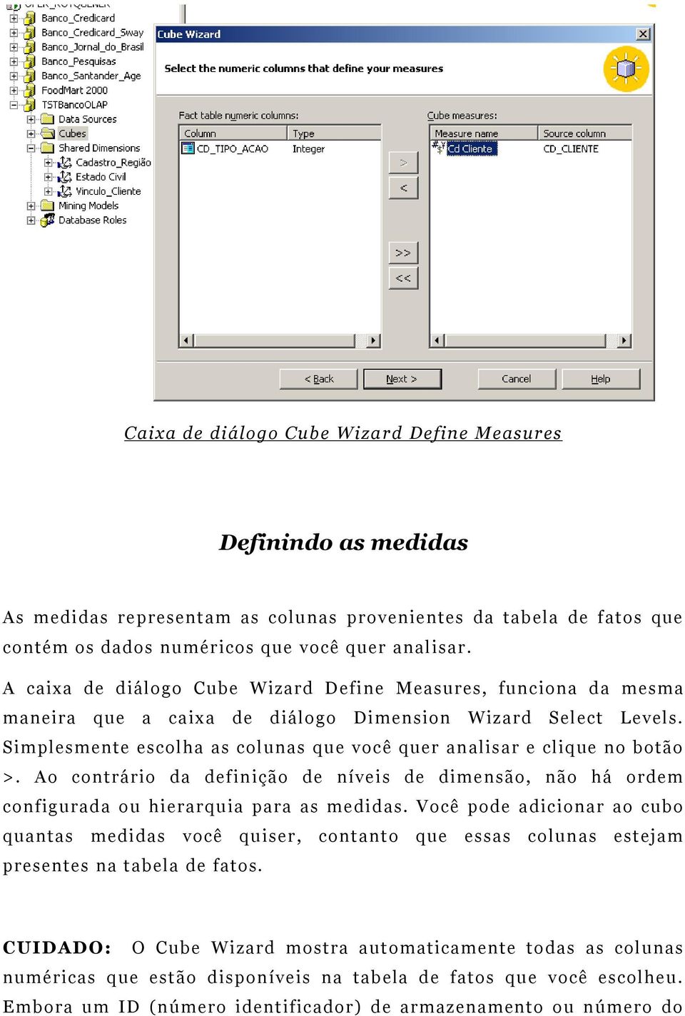 Simplesmente escolha as colunas que você quer analisar e clique no botão >. Ao contrário da definição de níveis de dimensão, não há ordem configurada ou hierarquia para as medidas.