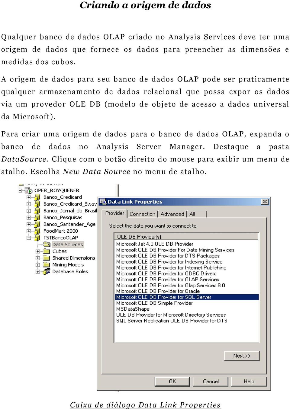 A origem de dados para seu banco de dados OLAP pode ser praticamente qualquer armazenamento de dados relacional que possa expor os dados via um provedor OLE DB (modelo de