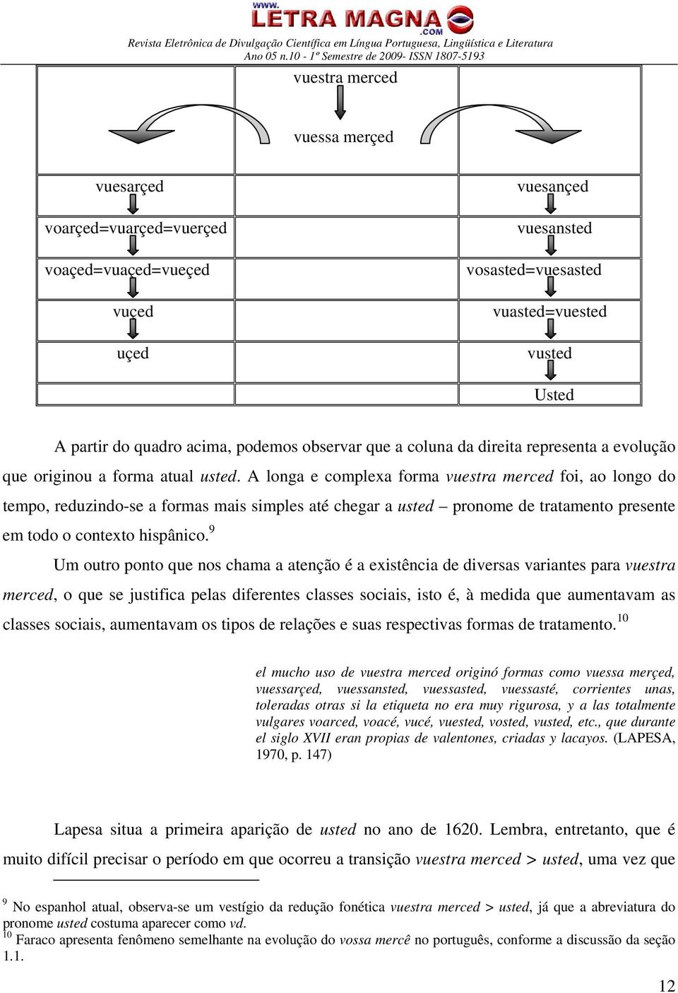 A longa e complexa forma vuestra merced foi, ao longo do tempo, reduzindo-se a formas mais simples até chegar a usted pronome de tratamento presente em todo o contexto hispânico.