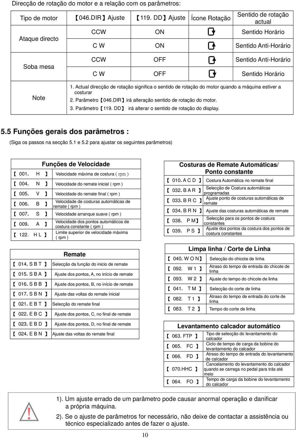 Actual direcção de rotação significa o sentido de rotação do motor quando a máquina estiver a costurar 2. Parâmetro 046.DIR irá alteração sentido de rotação do motor. 3. Parâmetro 119.