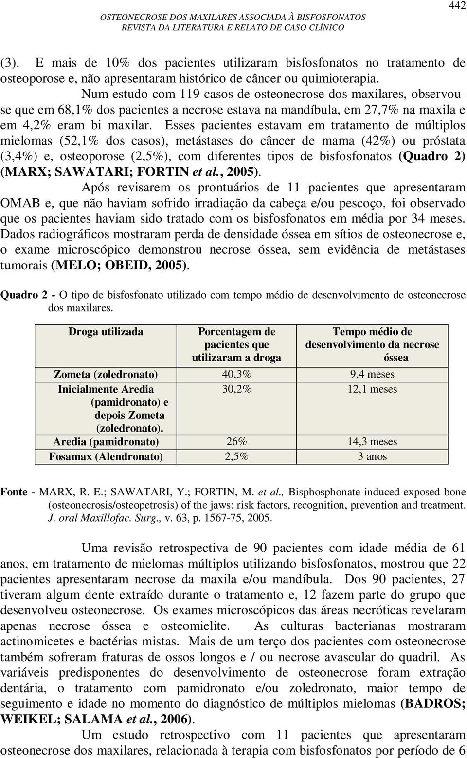 Esses pacientes estavam em tratamento de múltiplos mielomas (52,1% dos casos), metástases do câncer de mama (42%) ou próstata (3,4%) e, osteoporose (2,5%), com diferentes tipos de bisfosfonatos