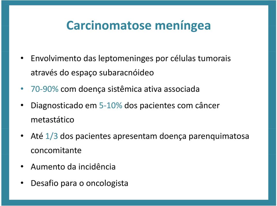 Diagnosticado em 5 10% dos pacientes com câncer metastático Até 1/3 dos pacientes