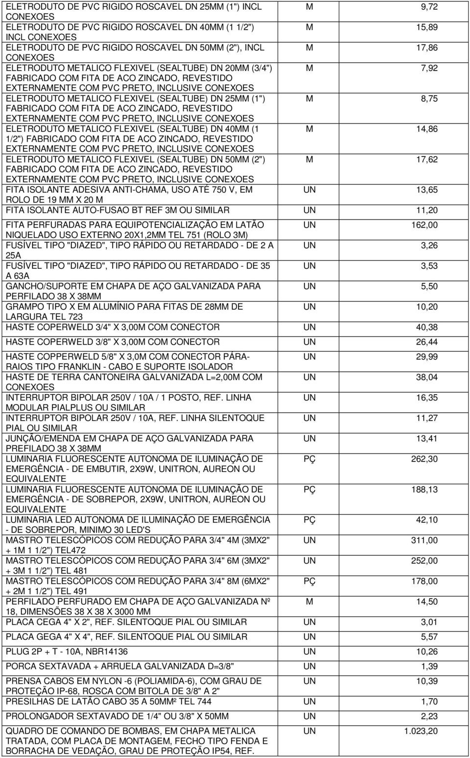 (SEALTUBE) DN 25MM (1") M 8,75 FABRICADO COM FITA DE ACO ZINCADO, REVESTIDO EXTERNAMENTE COM PVC PRETO, INCLUSIVE CONEXOES ELETRODUTO METALICO FLEXIVEL (SEALTUBE) DN 40MM (1 M 14,86 1/2") FABRICADO