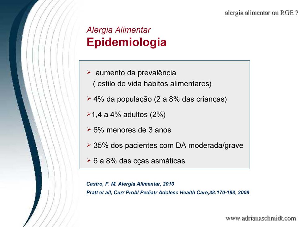 3 anos 35% dos pacientes com DA moderada/grave 6 a 8% das cças asmáticas Castro, F. M.
