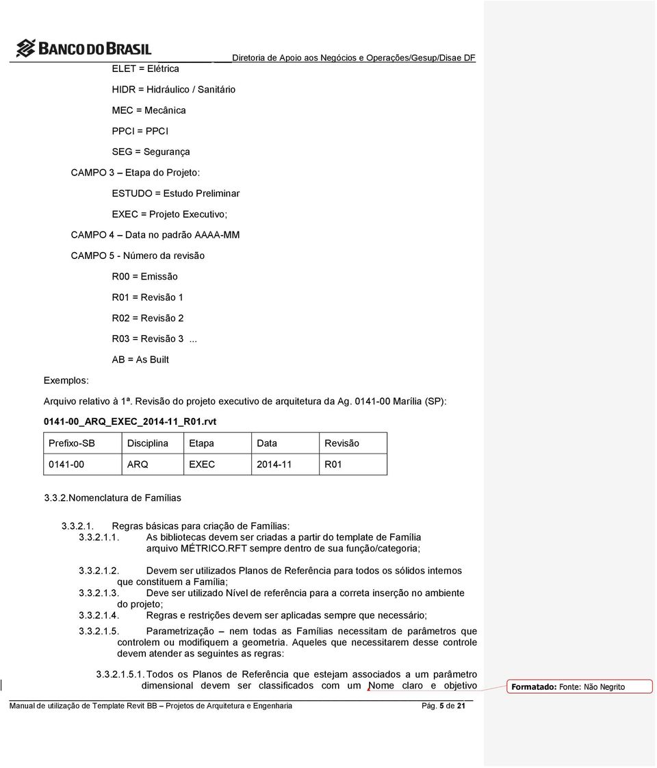 0141-00 Marília (SP): 0141-00_ARQ_EXEC_2014-11_R01.rvt Prefixo-SB Disciplina Etapa Data Revisão 0141-00 ARQ EXEC 2014-11 R01 3.3.2. Nomenclatura de Famílias 3.3.2.1. Regras básicas para criação de Famílias: 3.