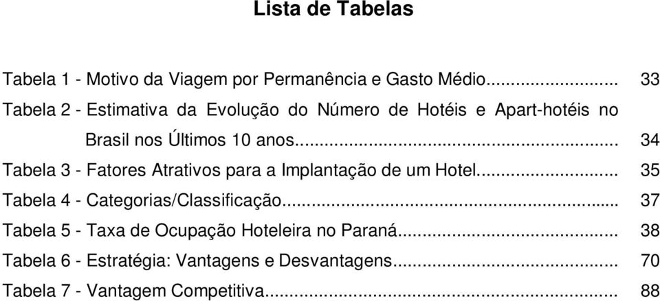 .. 34 Tabela 3 - Fatores Atrativos para a Implantação de um Hotel... 35 Tabela 4 - Categorias/Classificação.