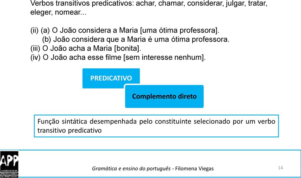 (b) João considera que a Maria é uma ótima professora. (iii) O João acha a Maria [bonita].