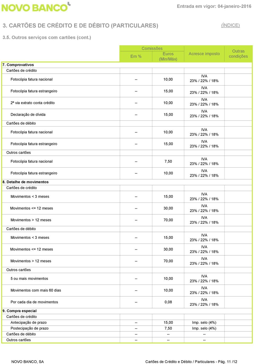 Cartões de débito Fotocópia fatura nacional 10,00 Fotocópia fatura estrangeiro 15,00 Outros cartões Fotocópia fatura nacional 7,50 Fotocópia fatura estrangeiro 10,00 8.