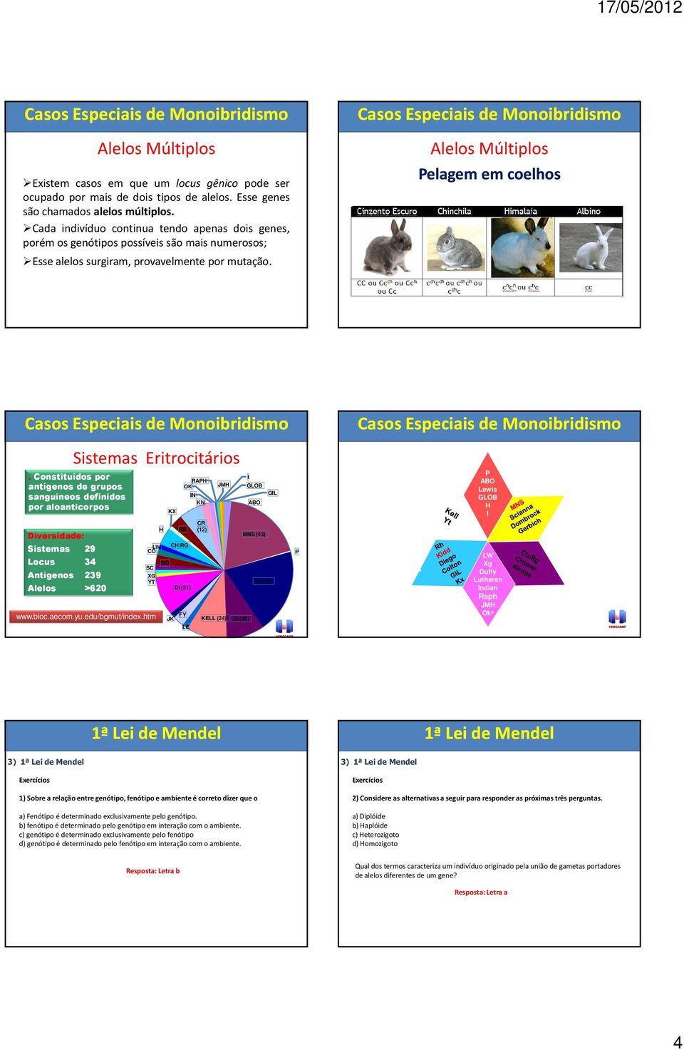 Casos Especiais de Monoibridismo Alelos Múltiplos Pelagem em coelhos Casos Especiais de Monoibridismo Casos Especiais de Monoibridismo Sistemas Eritrocitários.