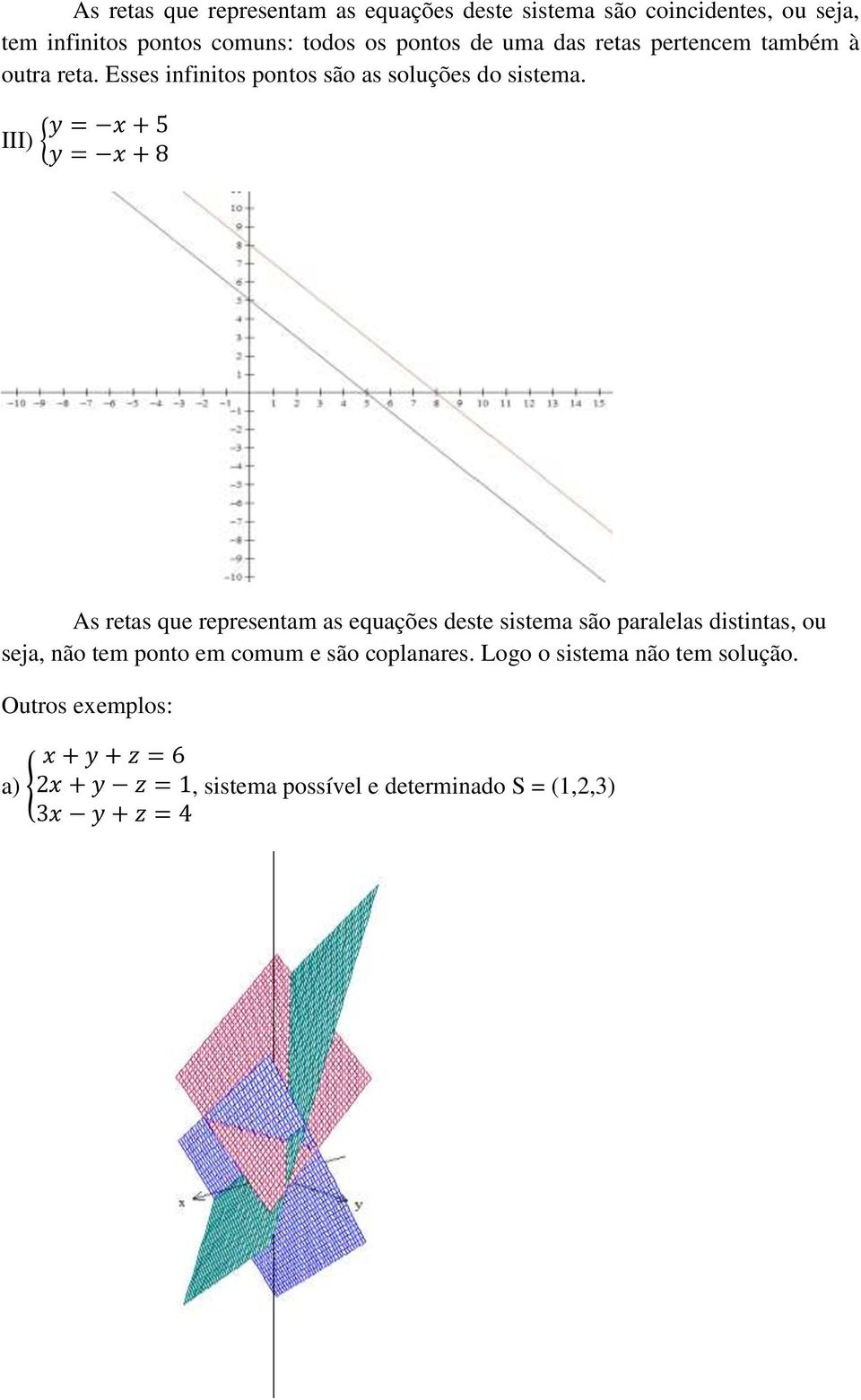 III) { As retas que representam as equações deste sistema são paralelas distintas, ou seja, não tem ponto em