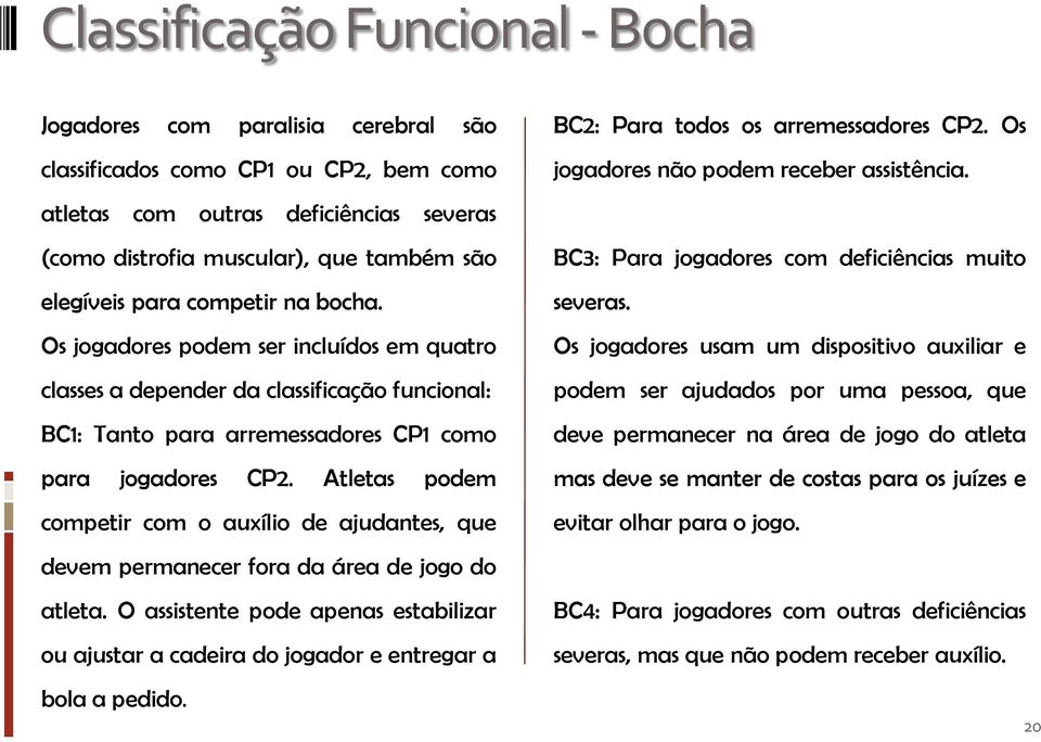 Atletas podem competir com o auxílio de ajudantes, que devem permanecer fora da área de jogo do atleta. O assistente pode apenas estabilizar ou ajustar a cadeira do jogador e entregar a bola a pedido.