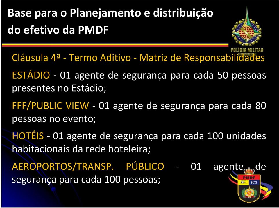 VIEW 01 agente de segurança para cada 80 pessoas no evento; HOTÉIS 01 agente de segurança para cada 100