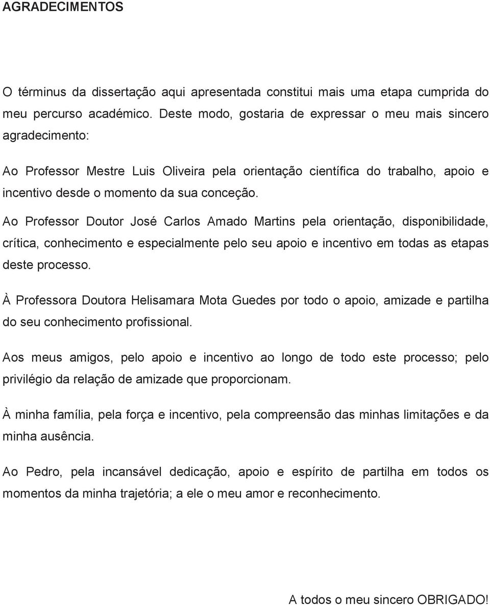 Ao Professor Doutor José Carlos Amado Martins pela orientação, disponibilidade, crítica, conhecimento e especialmente pelo seu apoio e incentivo em todas as etapas deste processo.