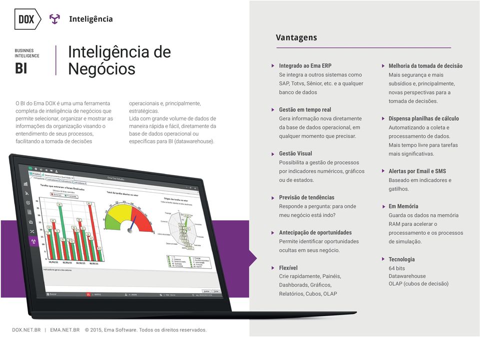 Lida com grande volume de dados de maneira rápida e fácil, diretamente da base de dados operacional ou especíﬁcas para BI (datawarehouse).