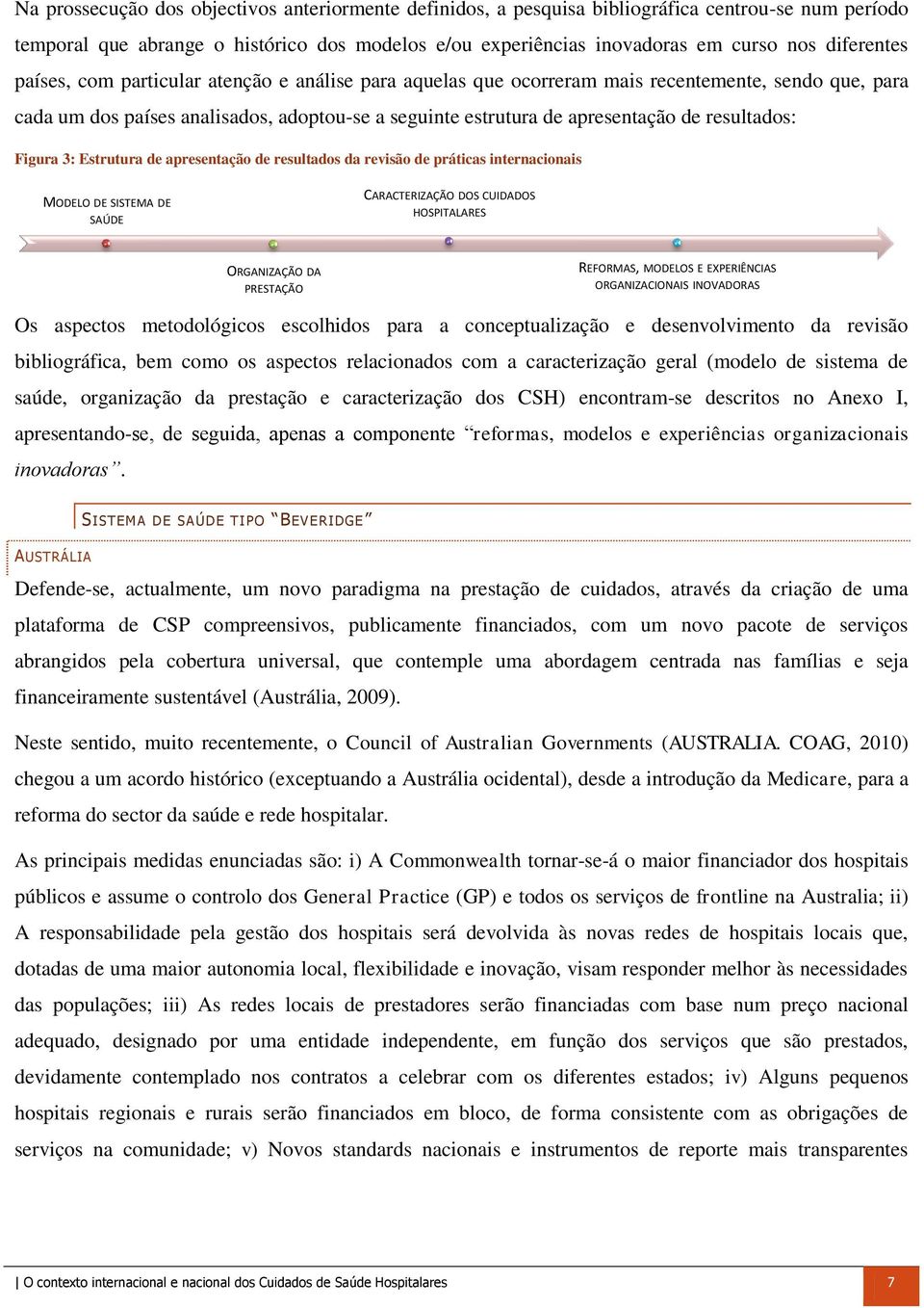 resultados: Figura 3: Estrutura de apresentação de resultados da revisão de práticas internacionais MODELO DE SISTEMA DE SAÚDE CARACTERIZAÇÃO DOS CUIDADOS HOSPITALARES ORGANIZAÇÃO DA PRESTAÇÃO