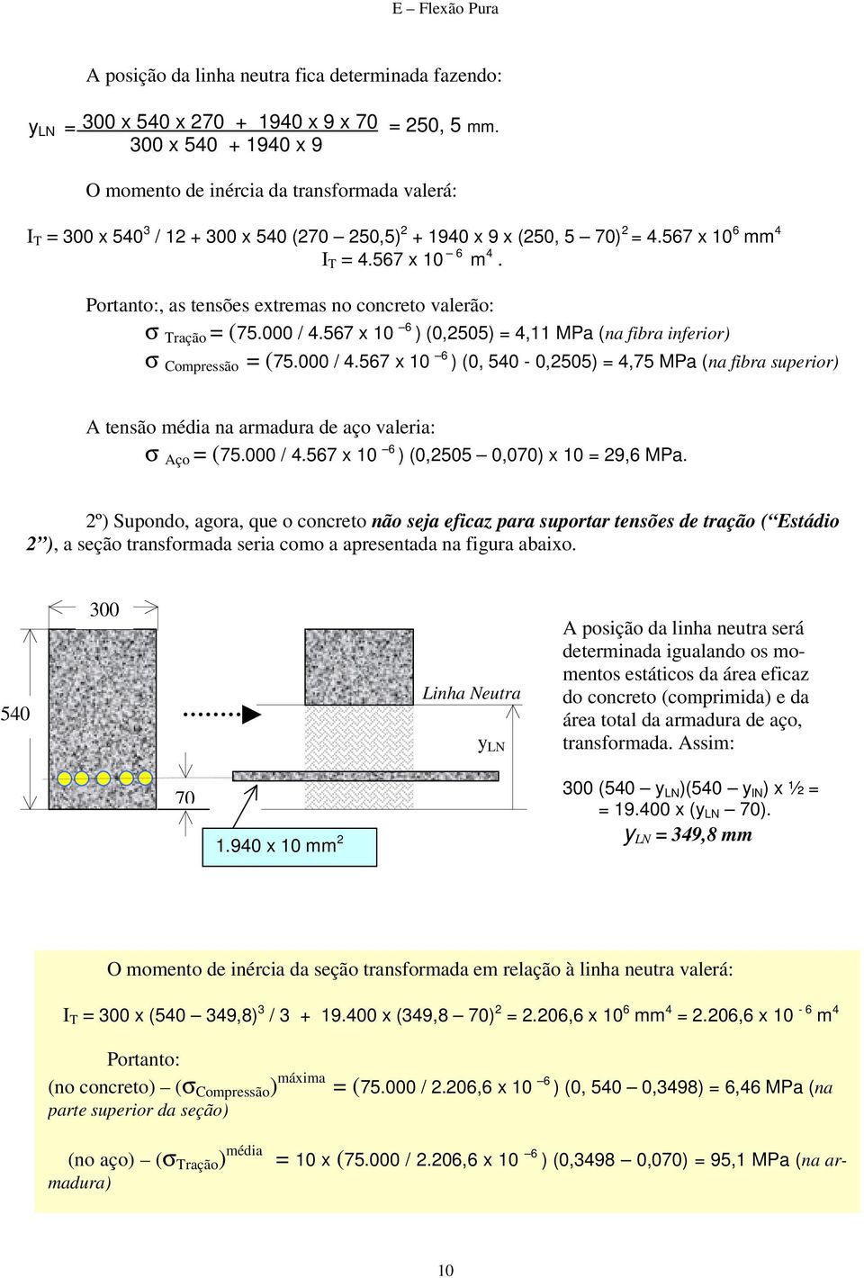 Portanto:, as tensões extremas no concreto valerão: σ Τração = (75.000 / 4.567 x 10 6 ) (0,2505) = 4,11 MPa (na fira inferior) σ Compressão = (75.000 / 4.567 x 10 6 ) (0, 540-0,2505) = 4,75 MPa (na fira superior) A tensão média na armadura de aço valeria: σ Aço = (75.