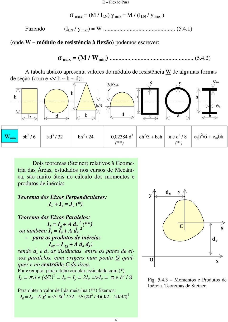 Mecânica, são muito úteis no cálculo dos momentos e produtos de inércia: Teorema dos Eixos Perpendiculares: I x + I = J o (*) d x Teorema dos Eixos Paralelos: I x = I x + A d 2 (**) ou tamém: I = I +