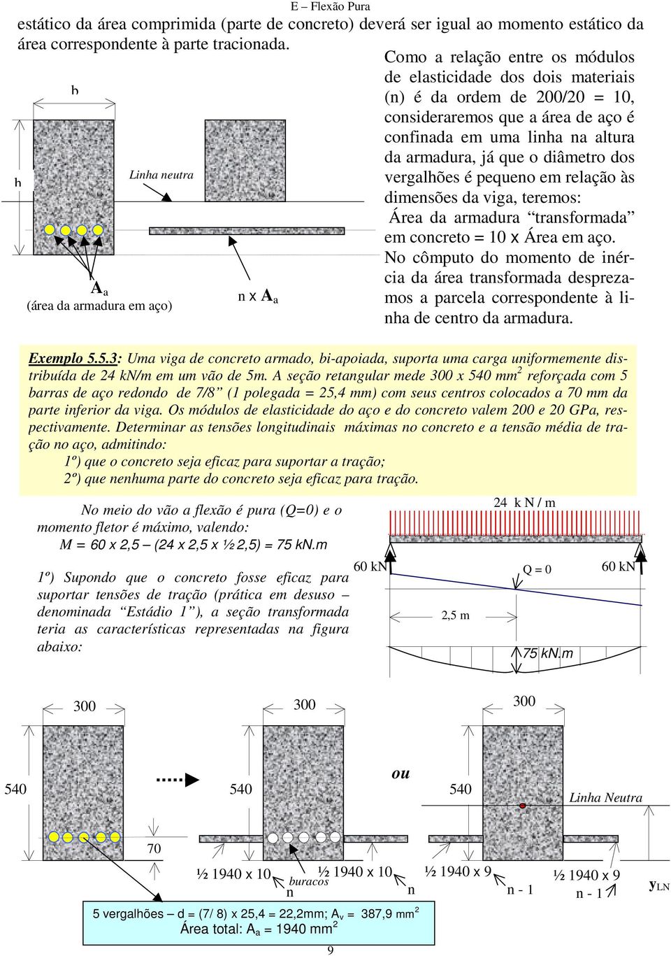 lina na altura da armadura, já que o diâmetro dos vergalões é pequeno em relação às dimensões da viga, teremos: Área da armadura transformada em concreto = 10 x Área em aço.