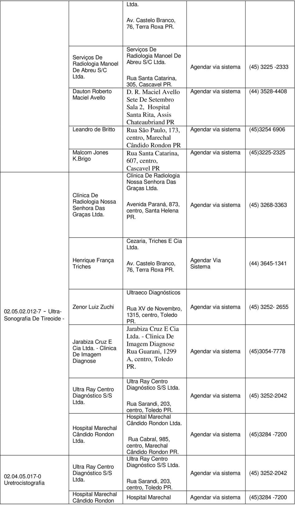 Brigo Clínica De Radiologia Nossa Senhora Das Graças 607, centro, Cascavel PR Clínica De Radiologia Nossa Senhora Das Graças Avenida Paraná, 873, centro, Santa Helena Agendar via sistema (45)