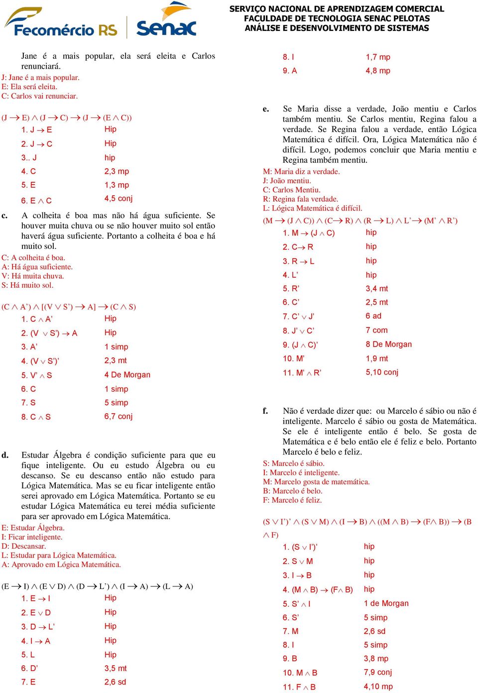 C: A colheita é boa. A: Há água suficiente. V: Há muita chuva. S: Há muito sol. (C A ) [(V S ) A] (C S) 1. C A Hip 2. (V S ) A Hip 3. A 1 simp 4. (V S ) 2,3 mt 5. V S 4 De Morgan 6. C 1 simp 7.