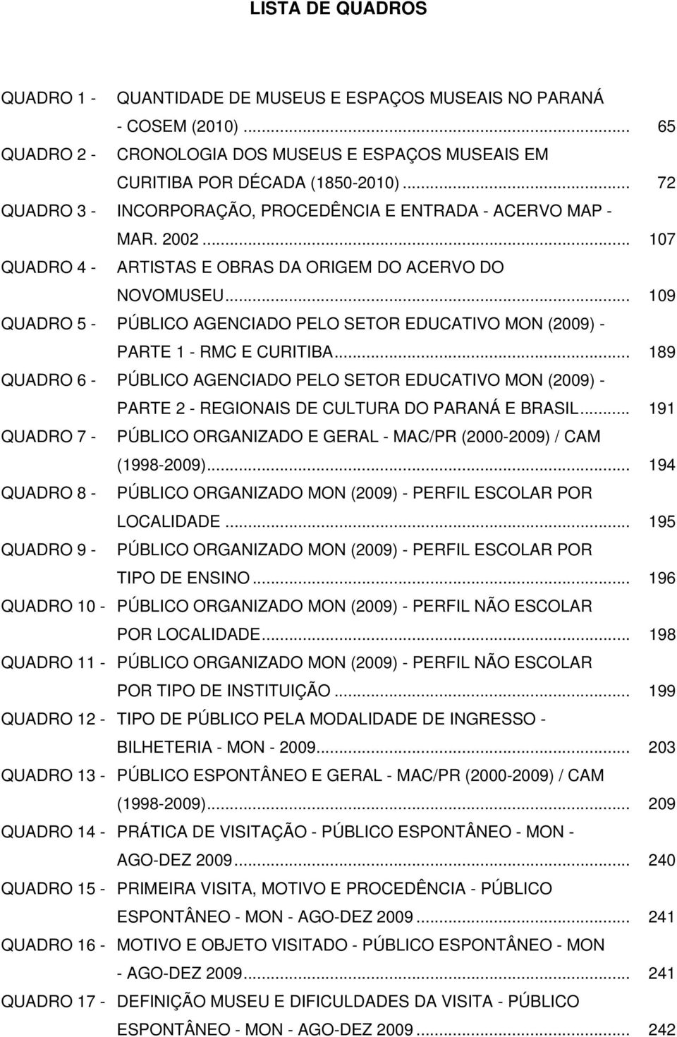 .. 109 QUADRO 5 - PÚBLICO AGENCIADO PELO SETOR EDUCATIVO MON (2009) - PARTE 1 - RMC E CURITIBA.