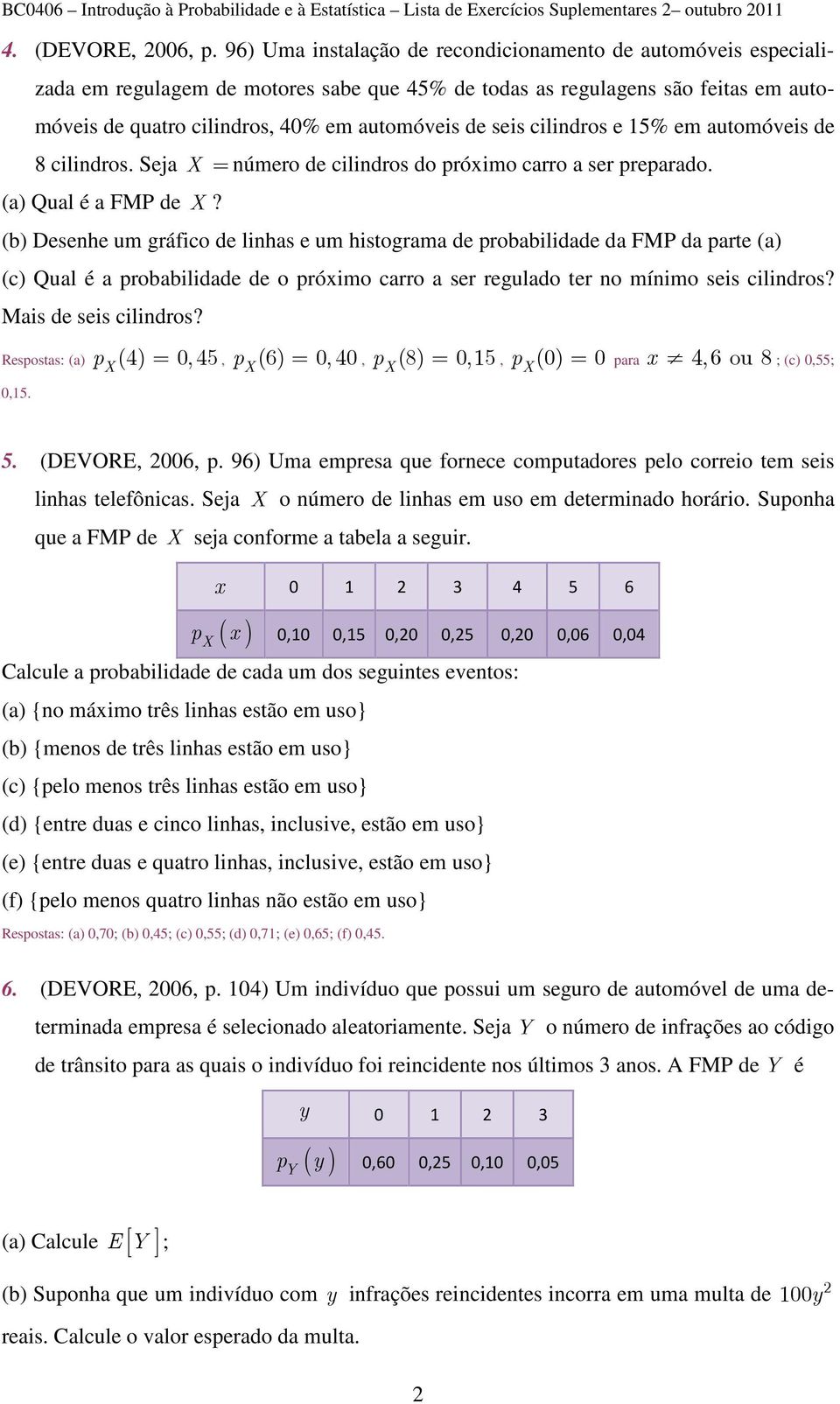 cilindros e 15% em automóveis de 8 cilindros. Seja = número de cilindros do próximo carro a ser preparado. (a) Qual é a FMP de?