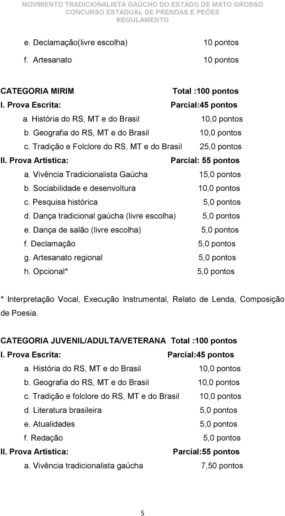 Sociabilidade e desenvoltura 10,0 pontos c. Pesquisa histórica 5,0 pontos d. Dança tradicional gaúcha (livre escolha) 5,0 pontos e. Dança de salão (livre escolha) 5,0 pontos f.