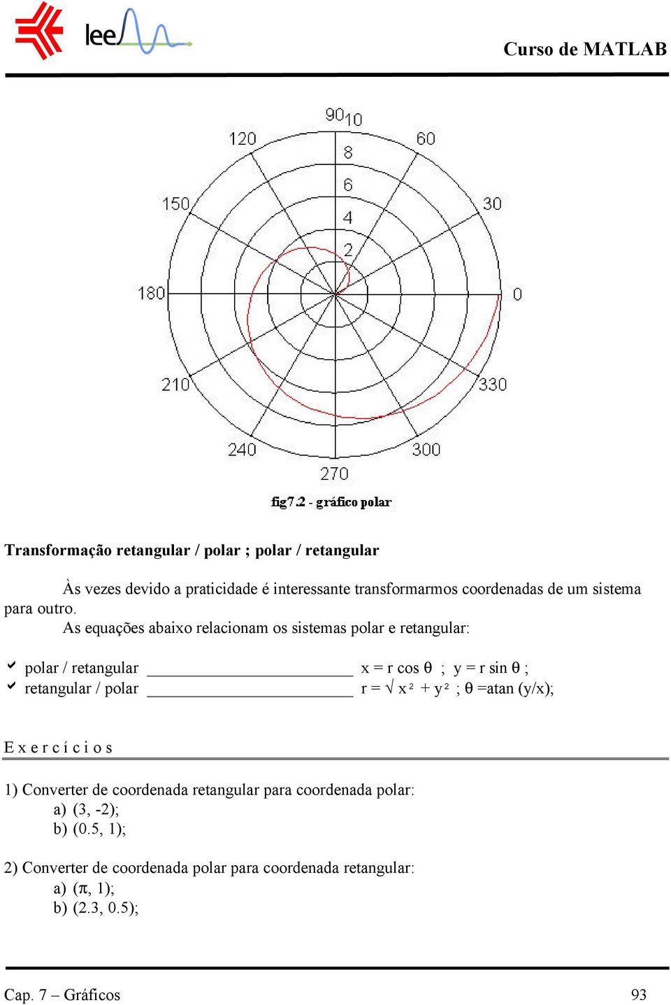 As equações abaixo relacionam os sistemas polar e retangular: a polar / retangular x = r cos θ ; y = r sin θ ; a retangular /