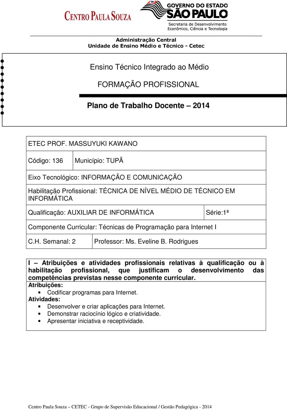 INFORMÁTICA Série:1ª Componente Curricular: Técnicas de Programação para Internet I C.H. Semanal: 2 Professor: Ms. Eveline B.