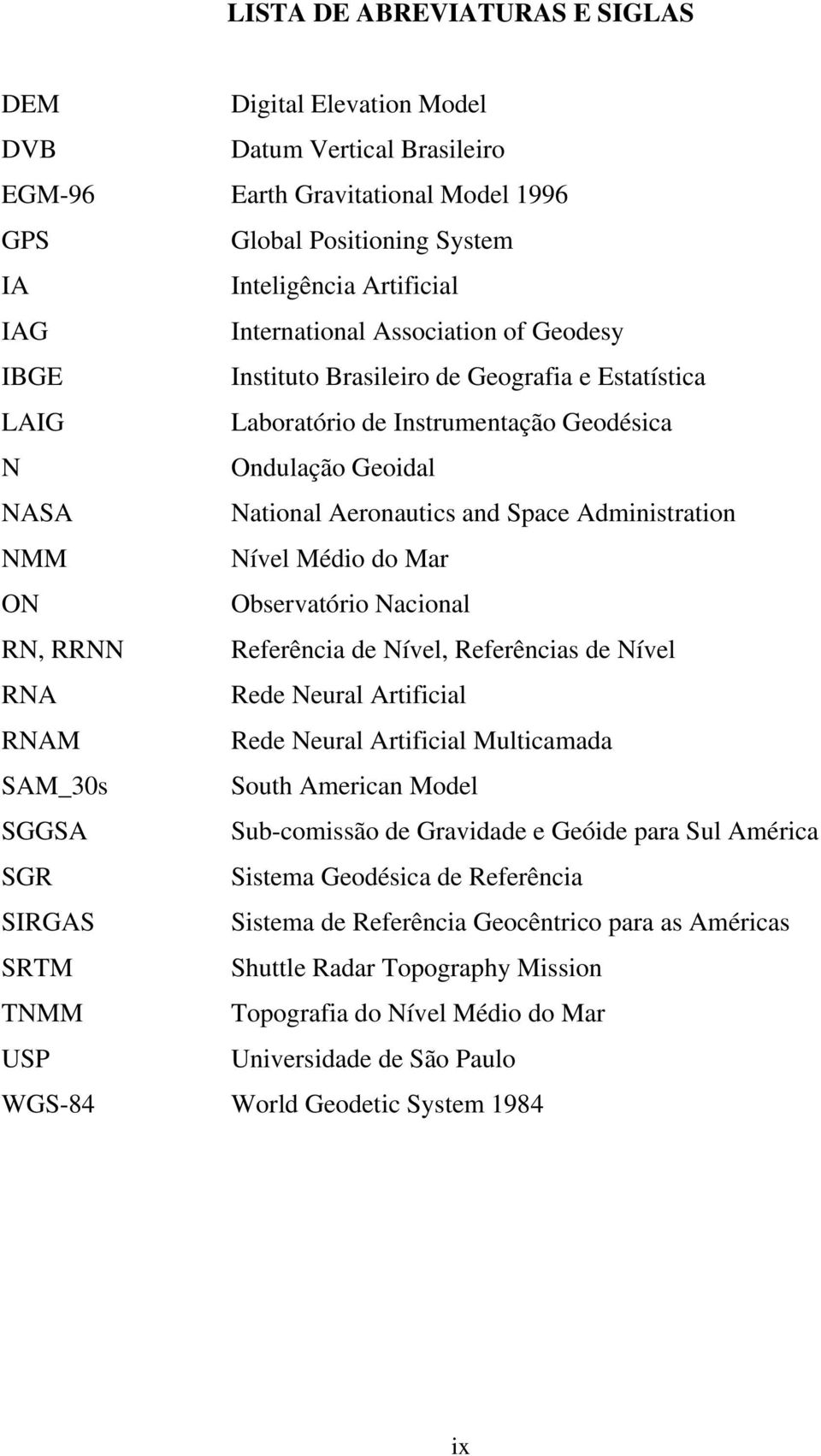 Administration NMM Nível Médio do Mar ON Observatório Nacional RN, RRNN Referência de Nível, Referências de Nível RNA Rede Neural Artificial RNAM Rede Neural Artificial Multicamada SAM_30s South