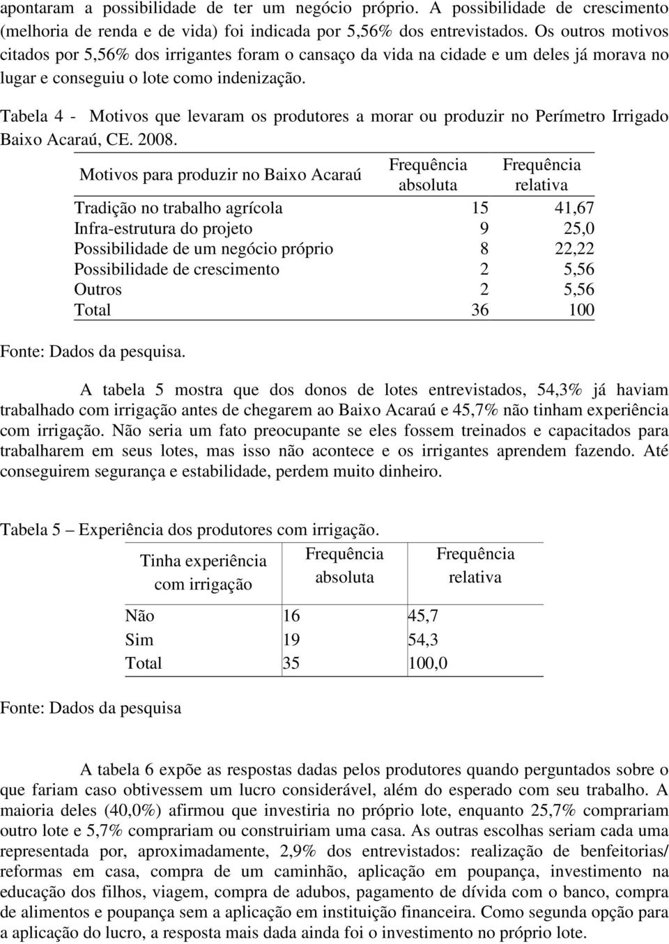 Tabela 4 - Motivos que levaram os produtores a morar ou produzir no Perímetro Irrigado Baixo Acaraú, CE. 2008.