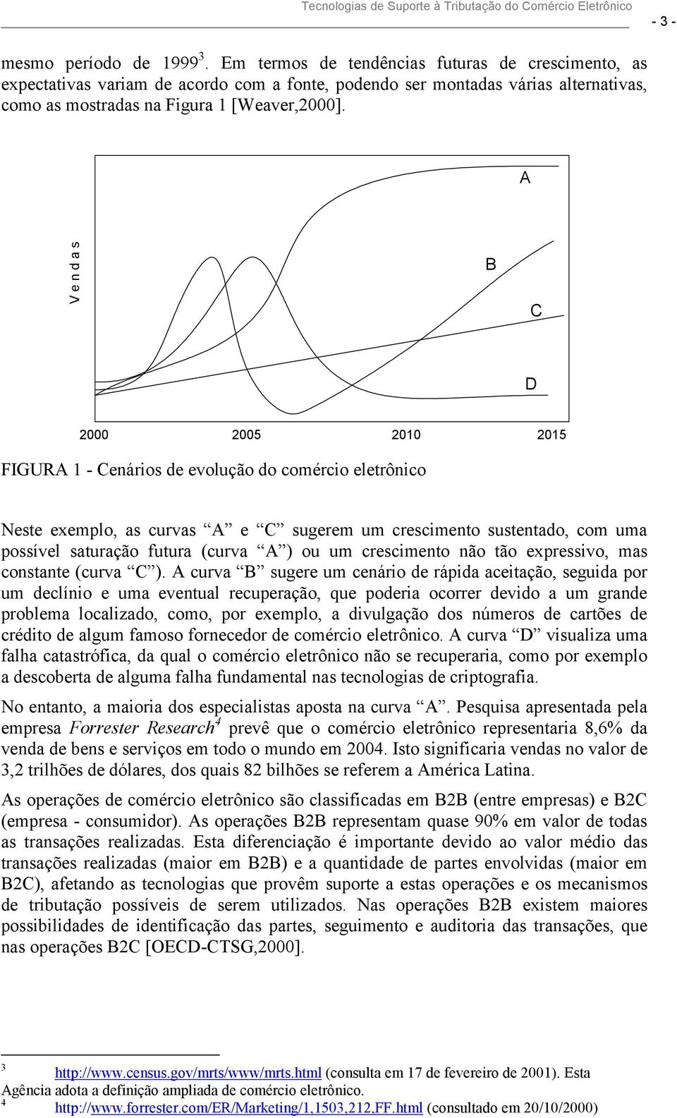 A V e n d a s B C D 2000 2005 2010 2015 FIGURA 1 - Cenários de evolução do comércio eletrônico Neste exemplo, as curvas A e C sugerem um crescimento sustentado, com uma possível saturação futura