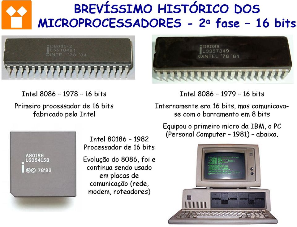 sendo usado em placas de comunicação (rede, modem, roteadores) Intel 8086 1979 16 bits Internamente era 16