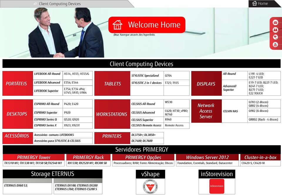 B27T-7 LED; E22 TOUCH DESKTOPS ESPRIMO All-Round P420; E420 CELSIUS All-Round ESPRIMO Superior P920 CELSIUS Advanced WORKSTATIONS W530 C620; H730_vPRO; M740 CELVIN NAS Q703 (2 discos) Q802 (4 discos)