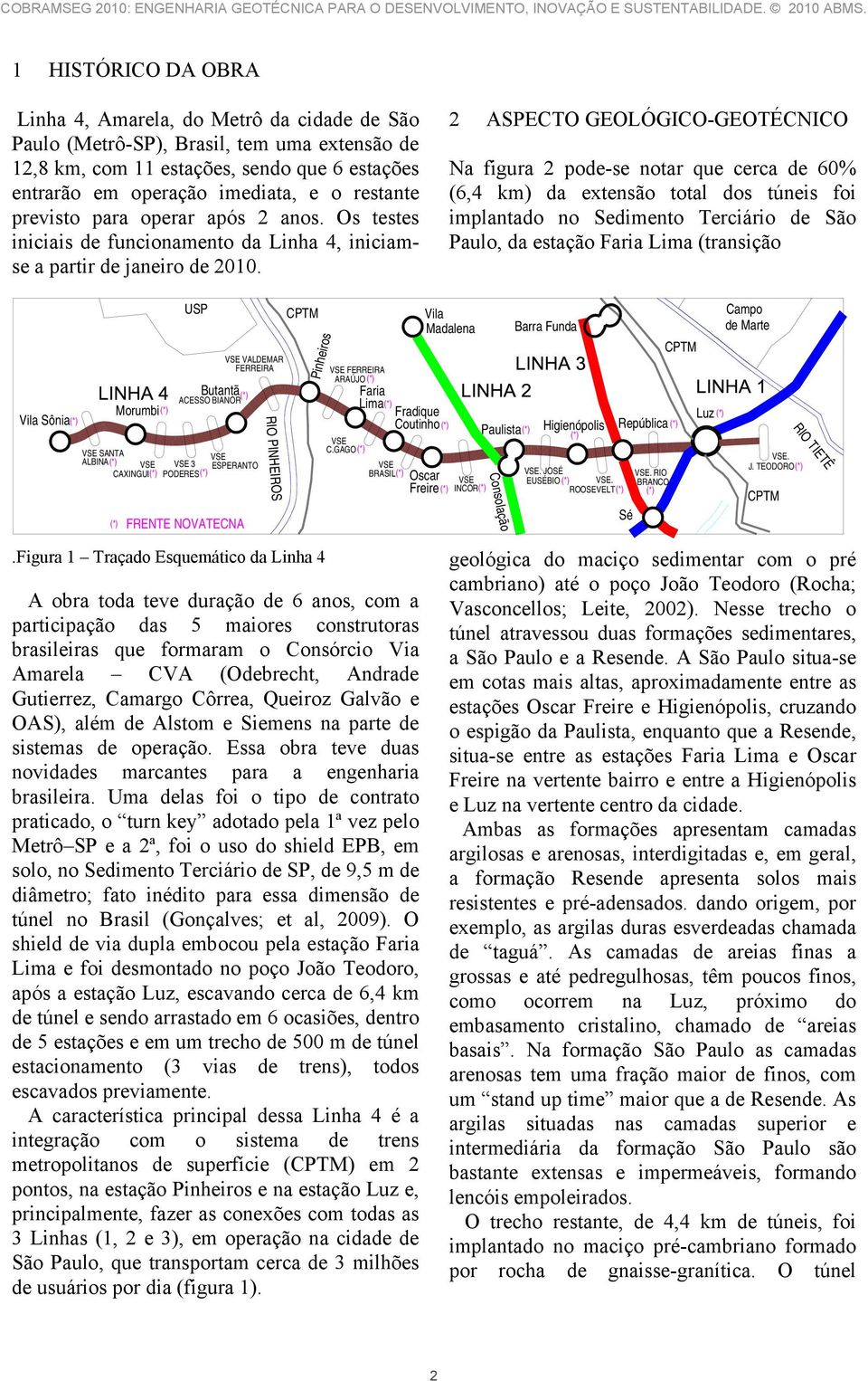 2 ASPECTO GEOLÓGICO-GEOTÉCNICO Na figura 2 pode-se notar que cerca de 60% (6,4 km) da extensão total dos túneis foi implantado no Sedimento Terciário de São Paulo, da estação Faria Lima (transição
