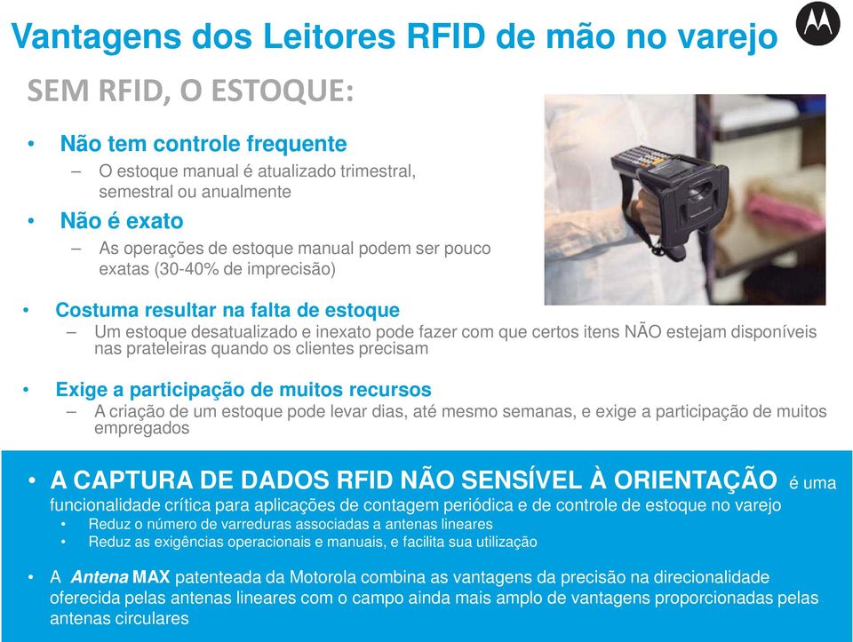 quando os clientes precisam Exige a participação de muitos recursos A criação de um estoque pode levar dias, até mesmo semanas, e exige a participação de muitos empregados A CAPTURA DE DADOS RFID NÃO