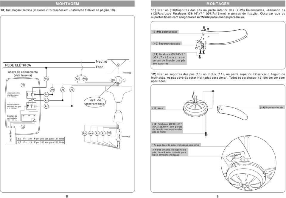 Observar que os suportes ficam com a logomarca Britânia posicionadas para baixo. (7)Pás balanceadas (10)Suportes das pás REDE ELÉTRICA Neutro Fase (12)Parafusos Ø3/16 x?