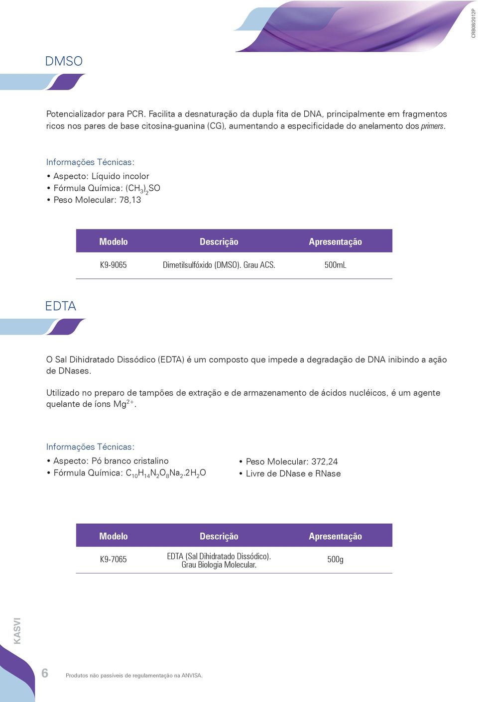 Aspecto: Líquido incolor Fórmula Química: (CH 3 ) 2 SO Peso Molecular: 78,13 K9-9065 Dimetilsulfóxido (DMSO). Grau ACS.