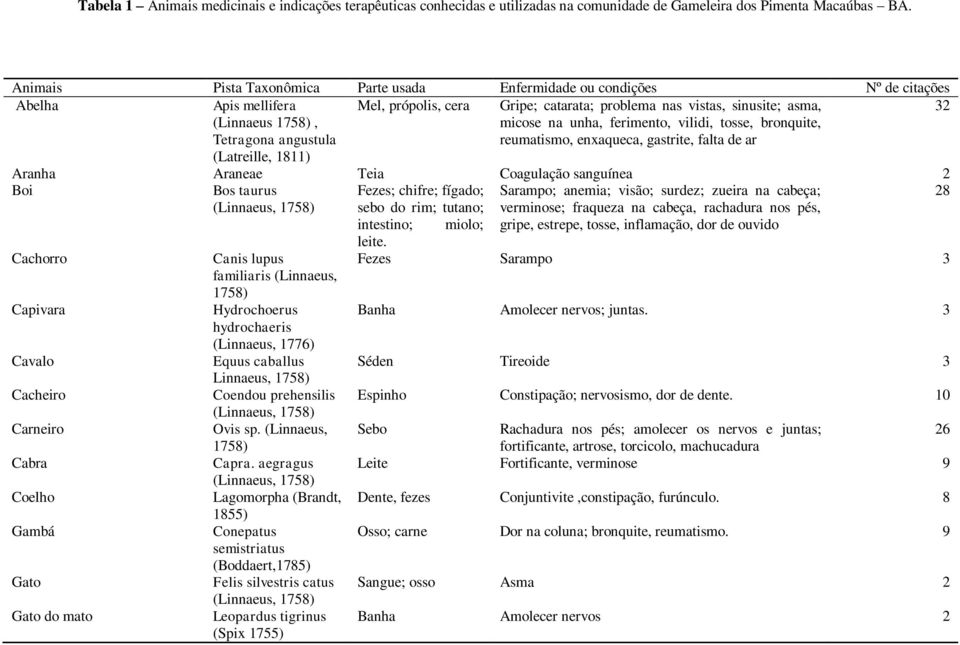 Tetragona angustula (Latreille, 1811) micose na unha, ferimento, vilidi, tosse, bronquite, reumatismo, enxaqueca, gastrite, falta de ar Aranha Araneae Teia Coagulação sanguínea 2 Boi Bos taurus