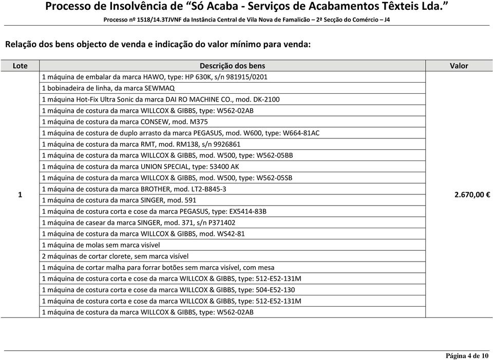 M375 1 máquina de costura de duplo arrasto da marca PEGASUS, mod. W600, type: W664 81AC 1 máquina de costura da marca RMT, mod. RM138, s/n 9926861 1 máquina de costura da marca WILLCOX & GIBBS, mod.