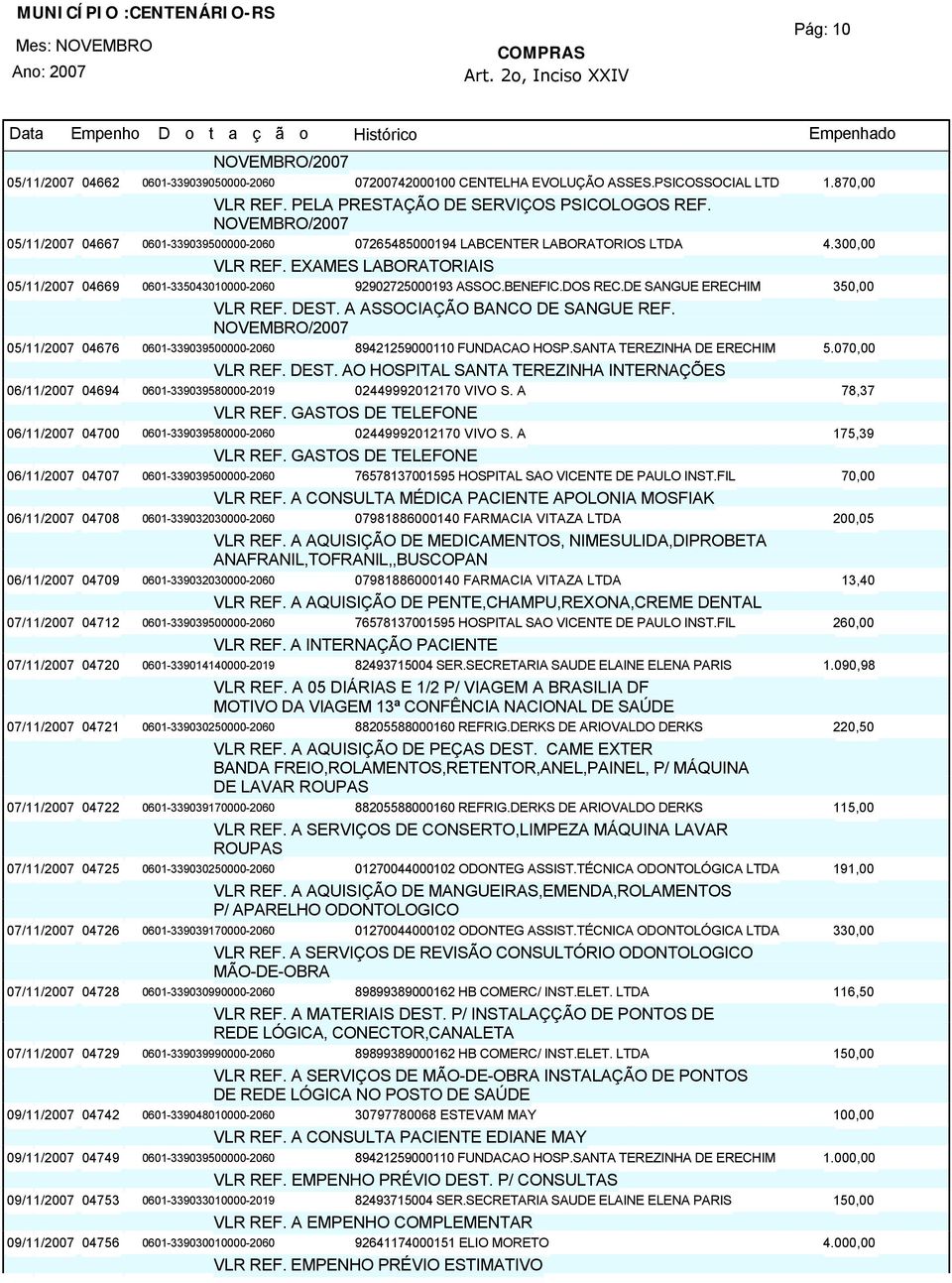 DE SANGUE ERECHIM 350,00 0601-335043010000-2060 VLR REF. DEST. A ASSOCIAÇÃO BANCO DE SANGUE REF. NOVEMBRO/2007 05/11/200704676 89421259000110 FUNDACAO HOSP.SANTA TEREZINHA DE ERECHIM 5.